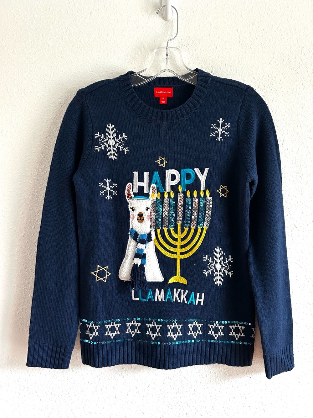 New Christmas Sweater Happy Hanukkah Llamakkah Sequin Sweater Size XS Blue Llama